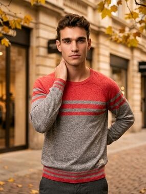 Diesel Men's Red and Gray Striped Crewneck Sweater
